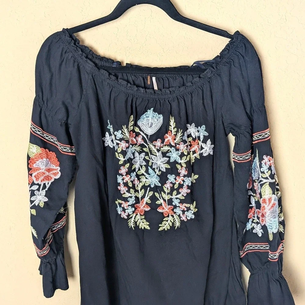 Free People Black Embroidered Peasant Tunic Dress Boho Festival Cottagecore Sz L